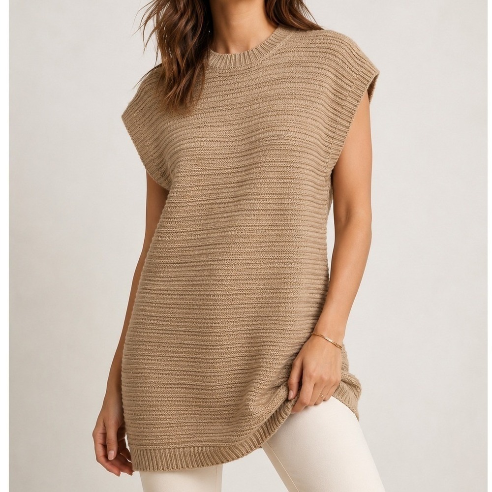 ON 34th Beige Ribbed Knit Sweater Vest Womens Large Sleeveless Pullover Top Fall